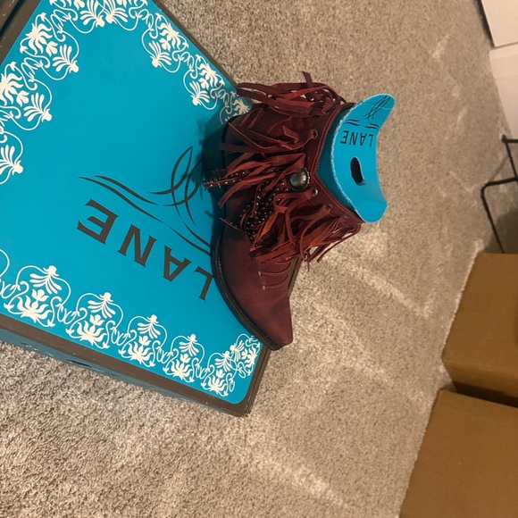 Lane Women's Leather Red Ankle Boots with Fringe - Picture 3 of 4